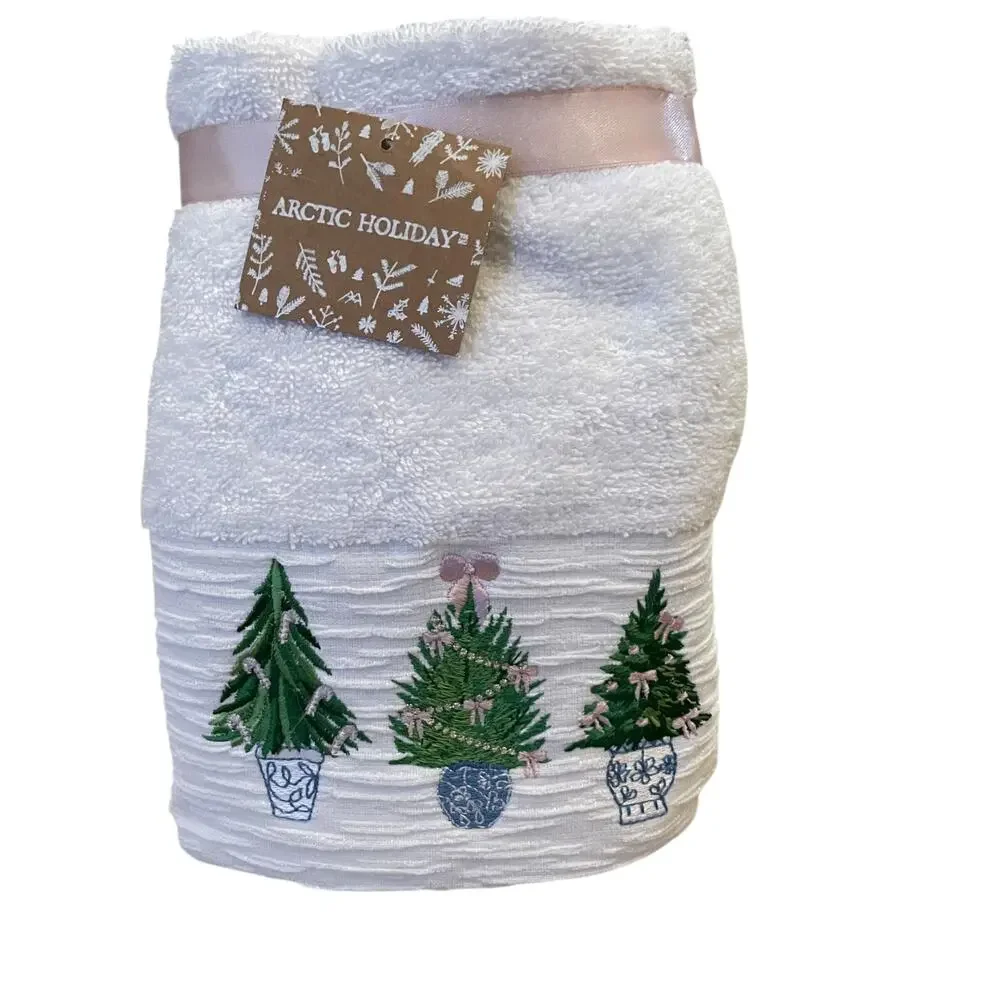 Christmas Hand Towels 2pc Embroidered Chinoiserie Christmas Trees Cotton NEW
